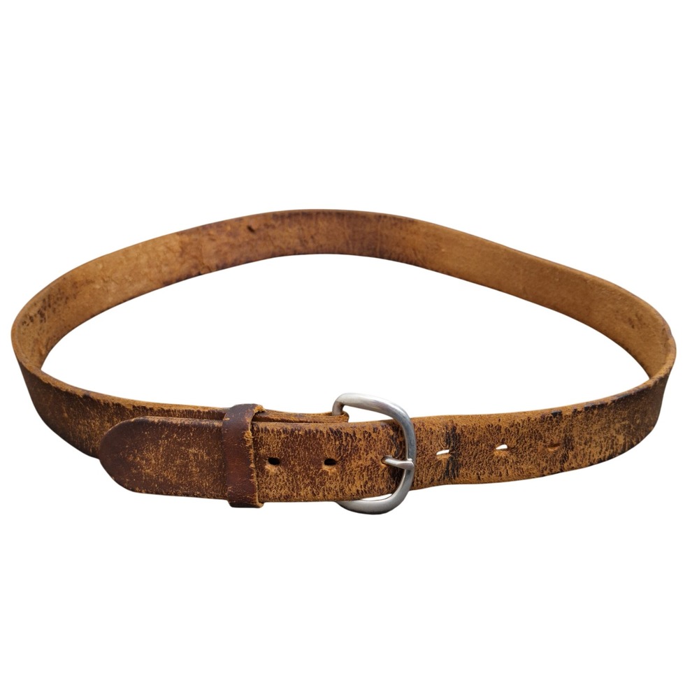 Mens Size 36 Distressed Brown Leather Belt Rugged Silver Buckle Casual Workwear
